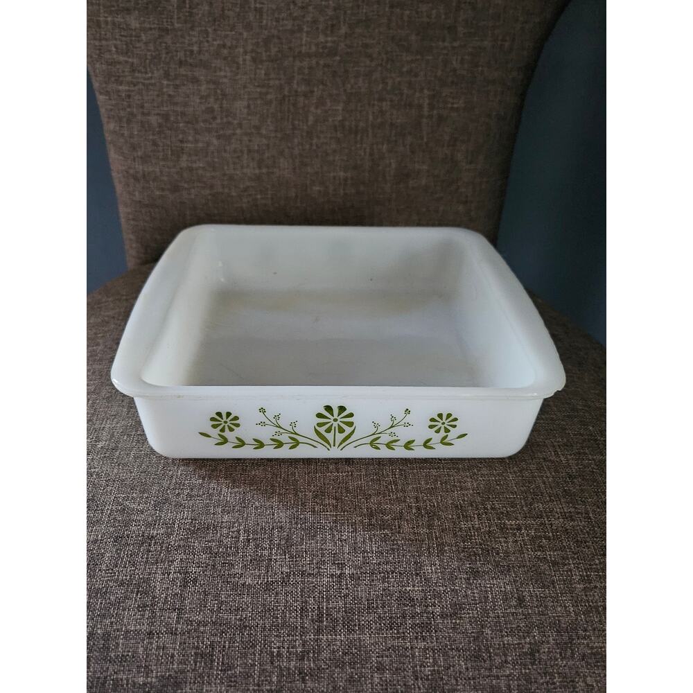 Glasbake Vintage 8" Square Baking Dish Green Daisy